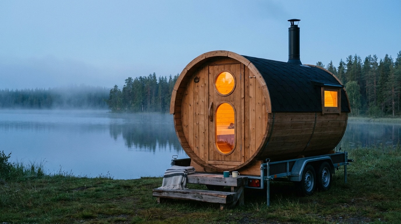 A wood-fired barrel sauna on a trailer beside a misty lake at dusk — generated photograph for the fictional example.